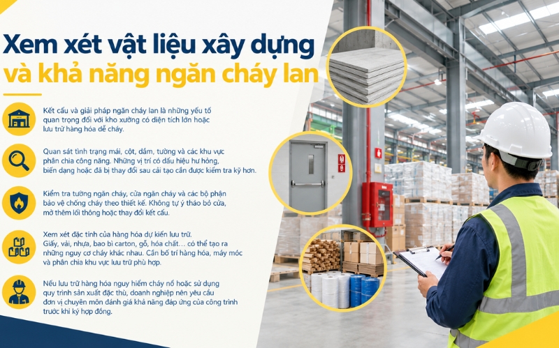 Kiểm tra kết cấu xây dựng và giải pháp ngăn cháy lan tại kho xưởng.