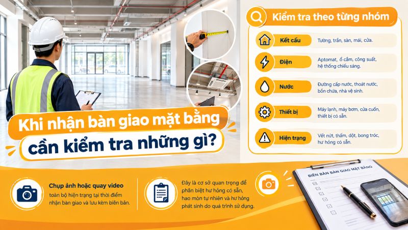 Kiểm tra kỹ mặt bằng và ghi nhận hiện trạng trước khi bàn giao.