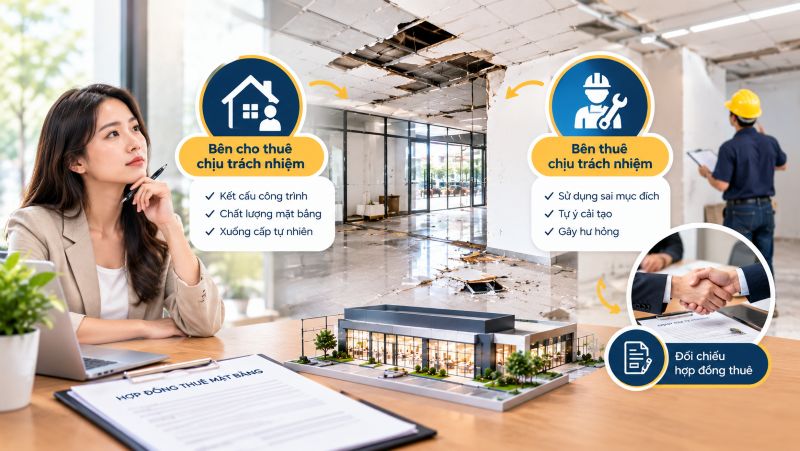 Xác định trách nhiệm sửa chữa mặt bằng dựa trên nguyên nhân hư hỏng và điều khoản hợp đồng.