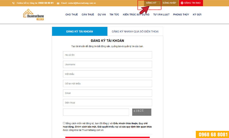 Nhấp vào mục đăng ký tại trang Thuematbang.com.vn